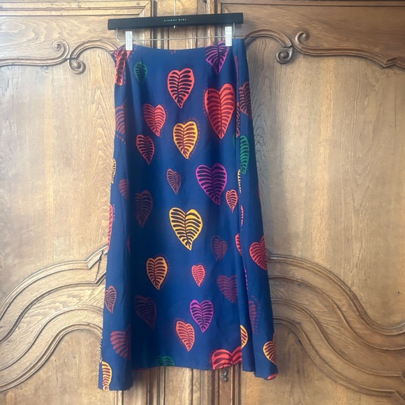Farm Rio Anthropologie viscose Slip Midi Skirt Hearts Leaves - Picture 15 of 16